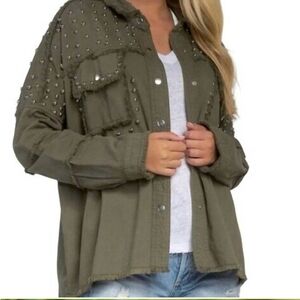 Elan Green Utility Jacket with Rhinestone Embellishments